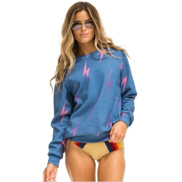 AVIATOR NATION Blue/Pink BOLT REPEAT CREWNECK SWEATSHIRT | PRELOVED | RARE EUC💎 - Picture 1 of 7